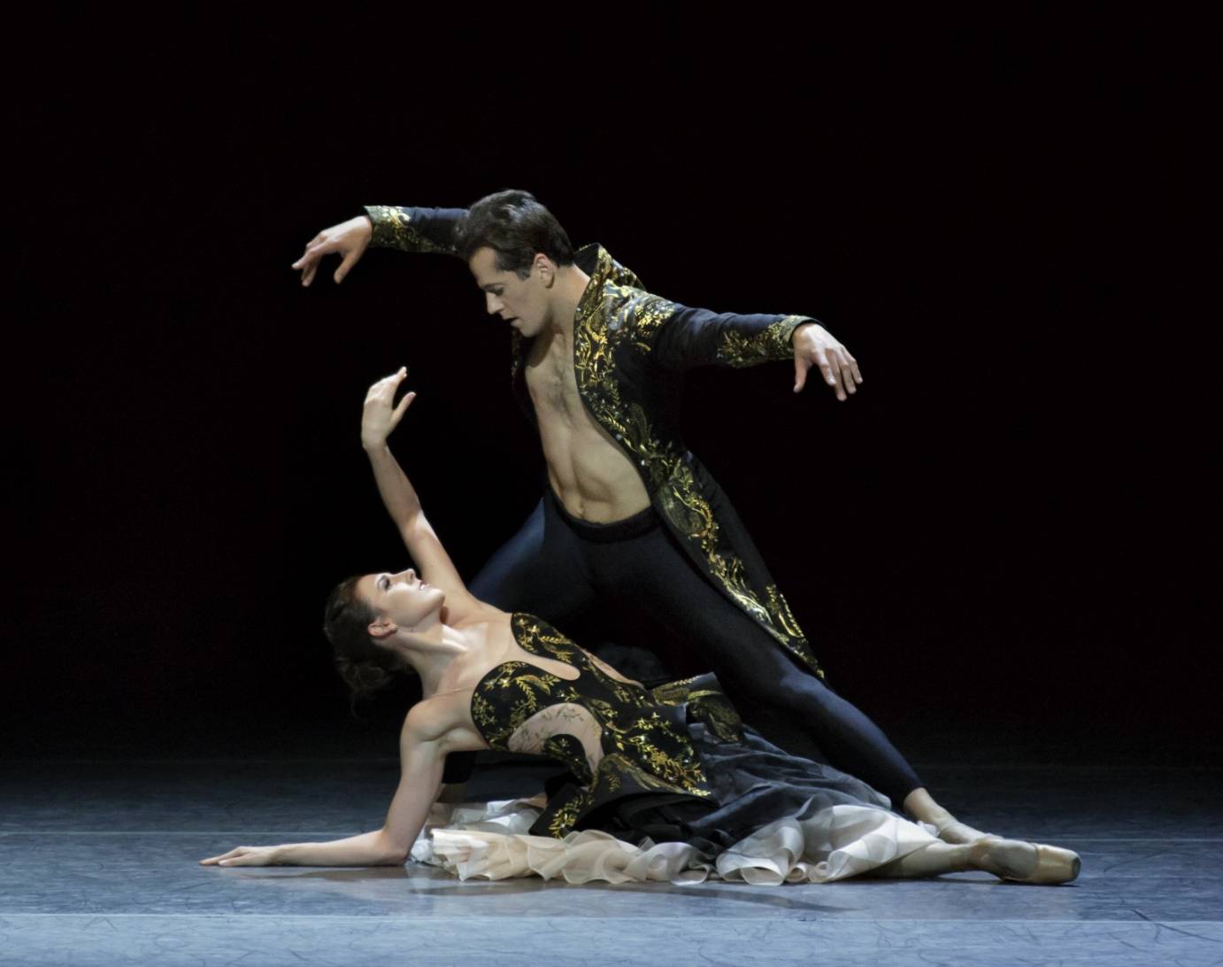 Tiler Peck and Robert Fairchild of NYCB in Liam Scarlett's FunAAAA©railles at the 2014 Fall Gala, with costumes by Sarah Burton for Alexander McQueen. Photo credit Paul Kolnik